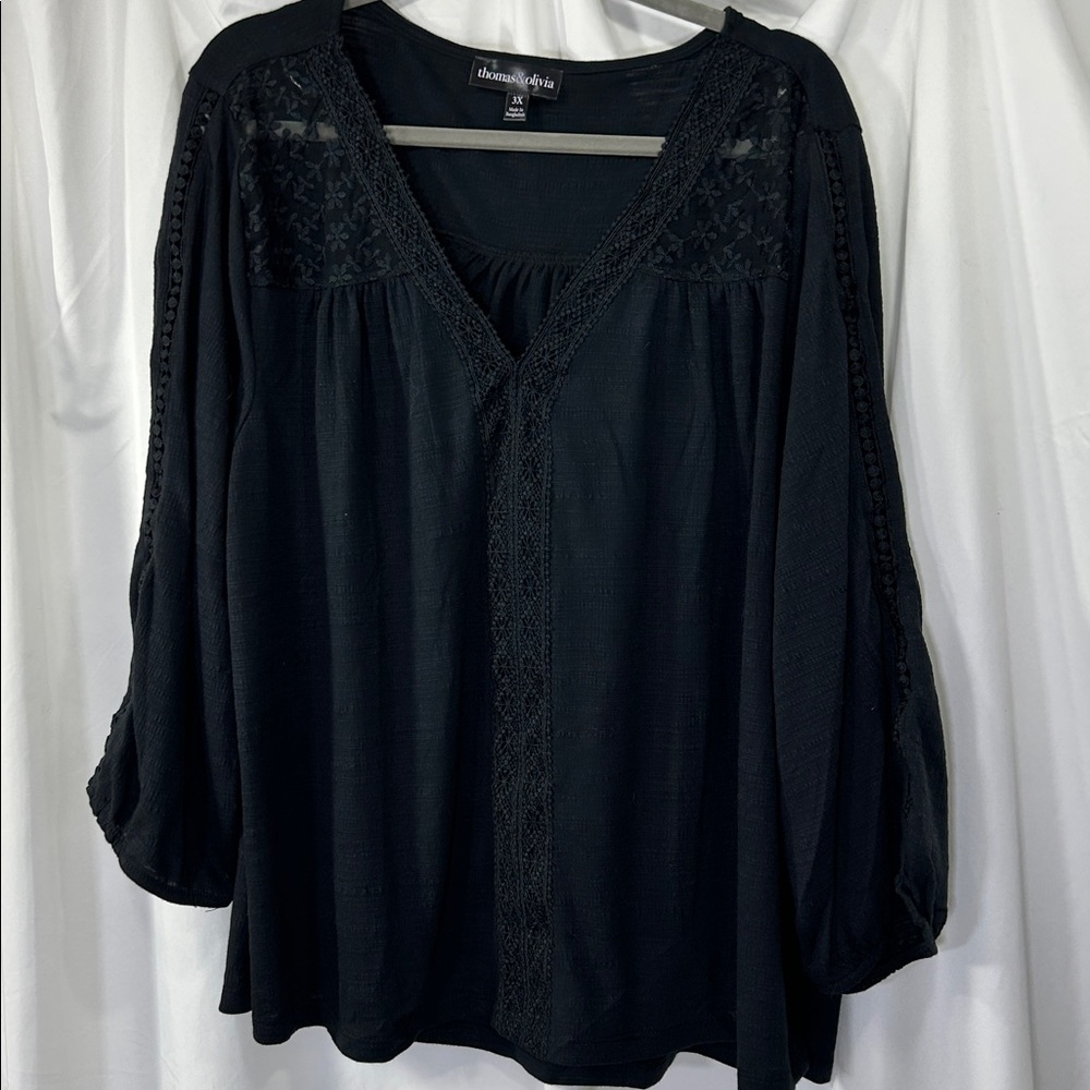 Thomas & Olivia Black Crocheted Detail Blouse 3X Chic Thrills